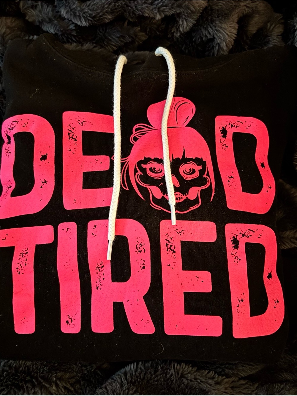 Sweetees Black Hoodie with Bright Pink 'Dead Tired' Graphic